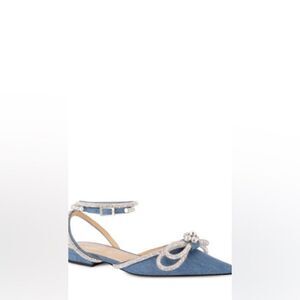 New with dustbag Mach & Mach Double Bow Pointed Toe Flat in Denim Blue size 6